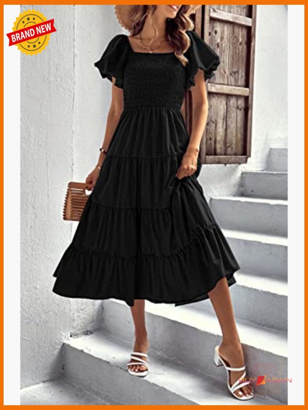 Smocked Midi Dress Puffy Short Sleeve Square Neck Tiered Ruffle A-Line Fit Flare - Picture 6 of 6